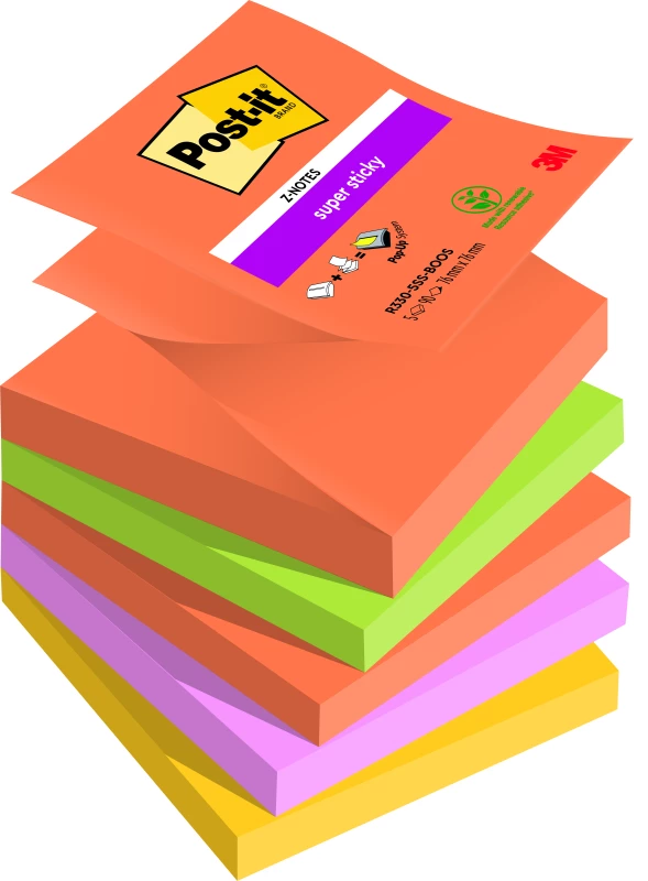 Karteczki samoprzylepne Post-it Super Sticky Z-Notes, kolekcja BOOST, 76x76mm, 5x90 karteczek, mix kolorów